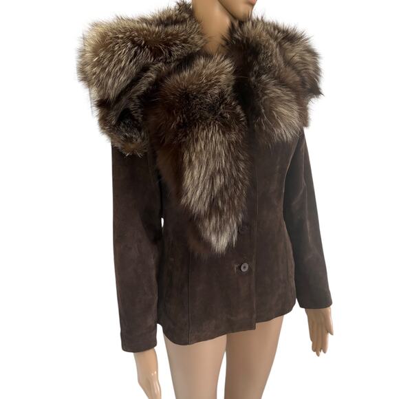 Upcycled Real Leather Fur Collar Studded Wolf Mob Wife Jacket Brown Petite Small - Picture 3 of 10